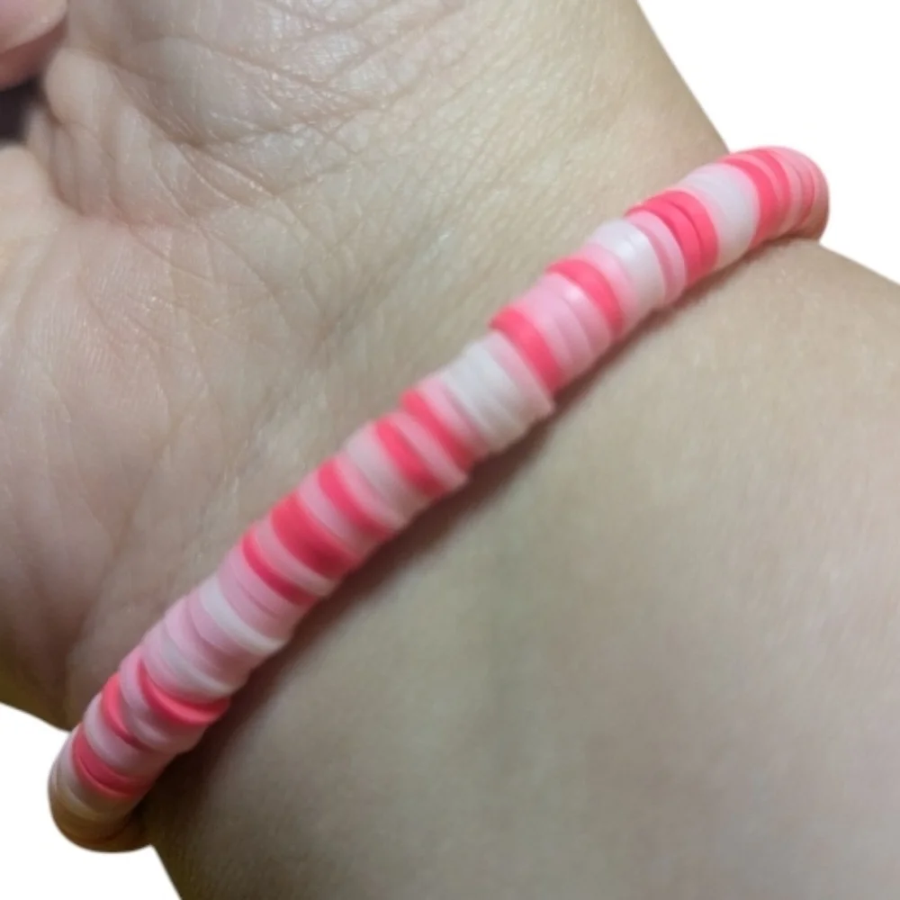 Handmade Bracelet Clay Beads Pink White Hand Crafted Stretchy NEW